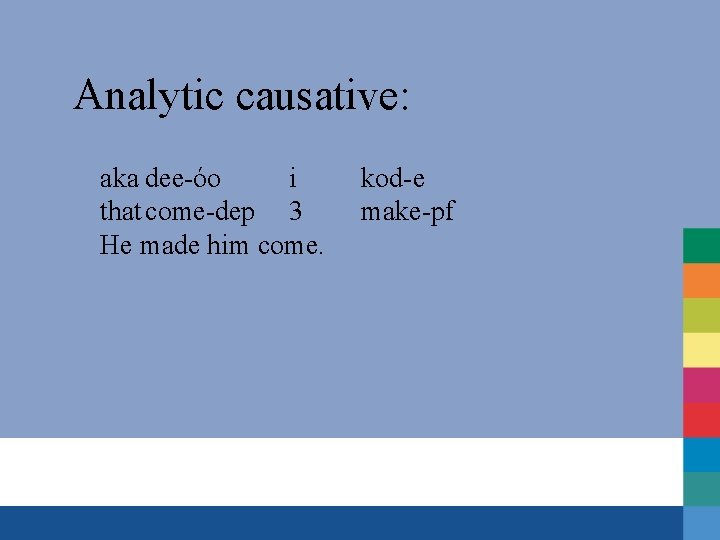 Analytic causative: aka dee-óo i that come-dep 3 He made him come. kod-e make-pf