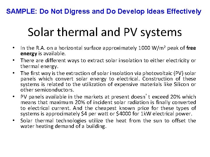 SAMPLE: Do Not Digress and Do Develop Ideas Effectively Solar thermal and PV systems