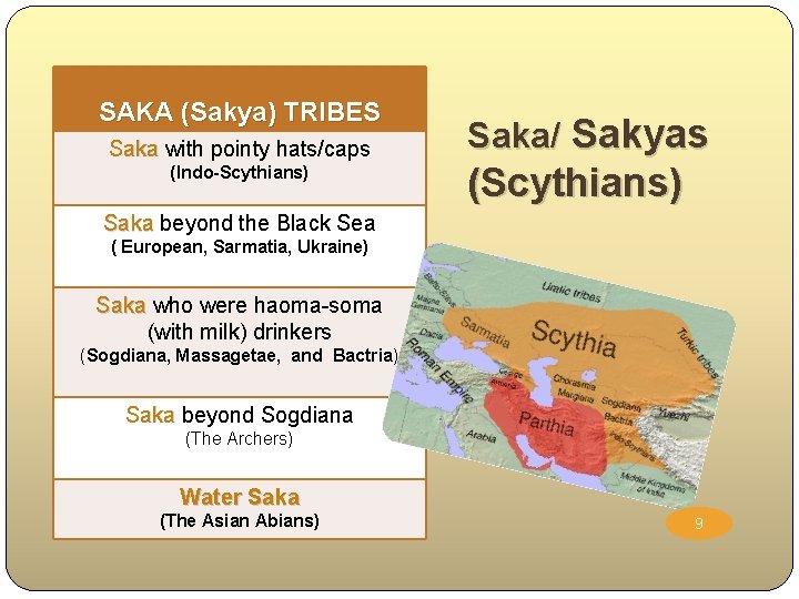 SAKA (Sakya) TRIBES Saka with pointy hats/caps (Indo-Scythians) Saka/ Sakyas (Scythians) Saka beyond the