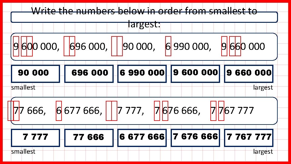 Write the numbers below in order from smallest to largest: 9 600 000, 696