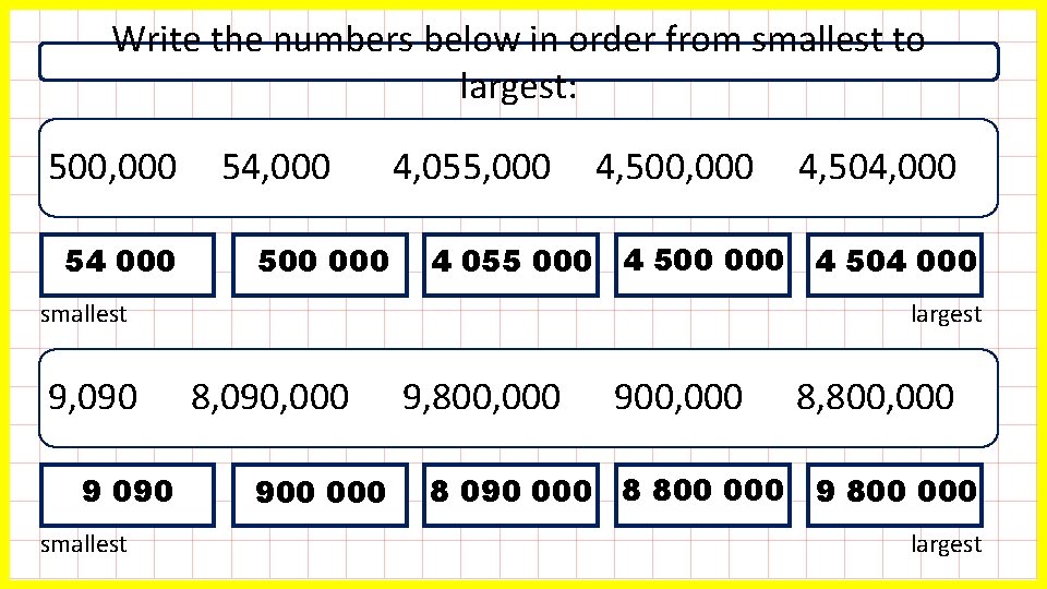 Write the numbers below in order from smallest to largest: 500, 000 54, 000