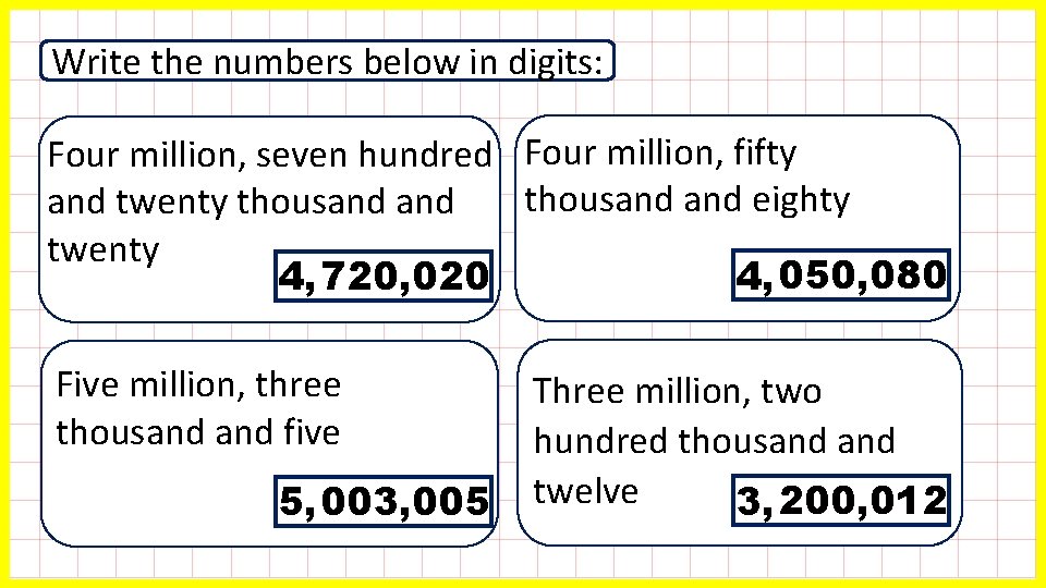 Write the numbers below in digits: Four million, seven hundred Four million, fifty thousand