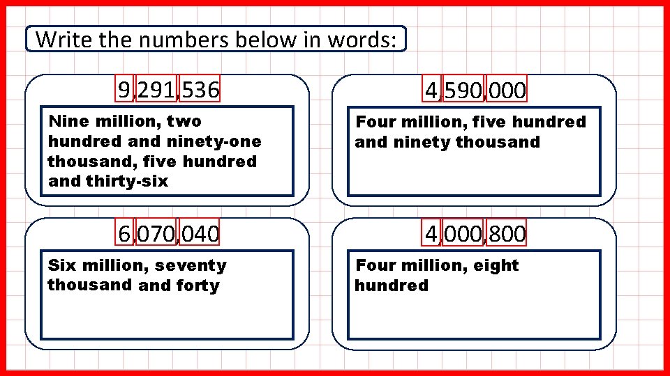 Write the numbers below in words: 9, 291, 536 Nine million, two hundred and