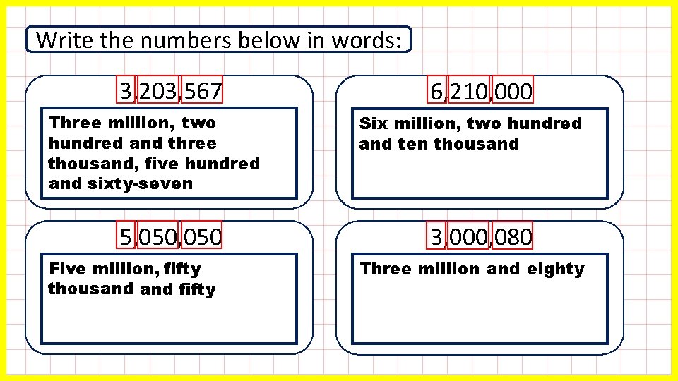 Write the numbers below in words: 3, 203, 567 Three million, two hundred and