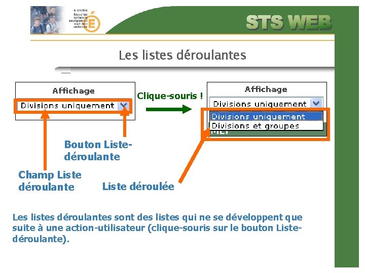 Les listes déroulantes Clique-souris ! Bouton Listedéroulante Champ Liste déroulante Liste déroulée Les listes