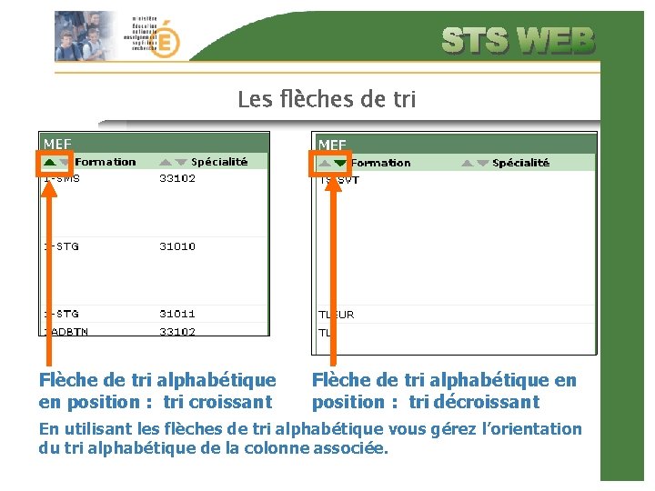 Les flèches de tri Flèche de tri alphabétique en position : tri croissant Flèche