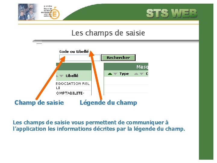 Les champs de saisie Champ de saisie Légende du champ Les champs de saisie