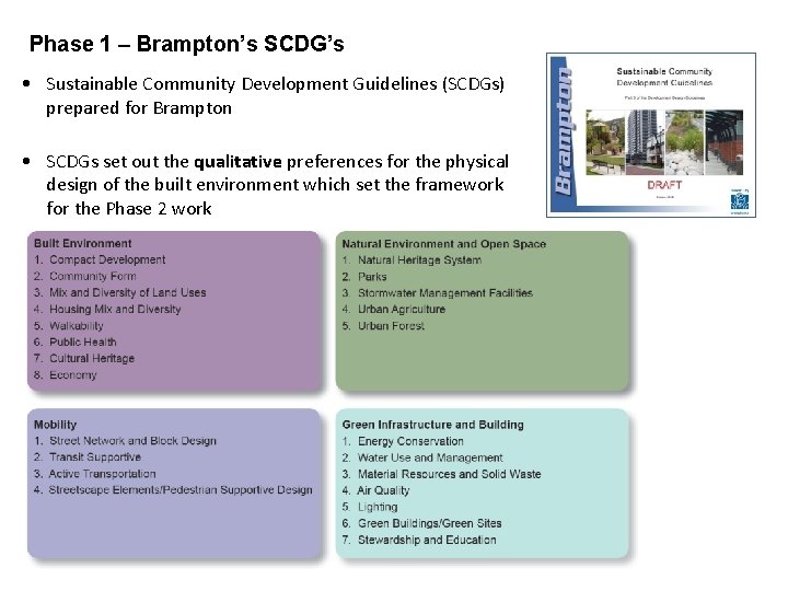 Phase 1 – Brampton’s SCDG’s • Sustainable Community Development Guidelines (SCDGs) prepared for Brampton