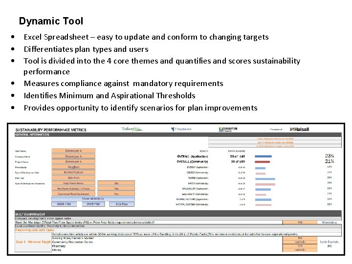Dynamic Tool • Excel Spreadsheet – easy to update and conform to changing targets