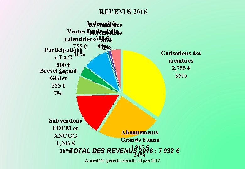 REVENUS 2016 Indemnités Revenus des Ventes civile Ventes Partie deplacements accessoires calendriers 300 59