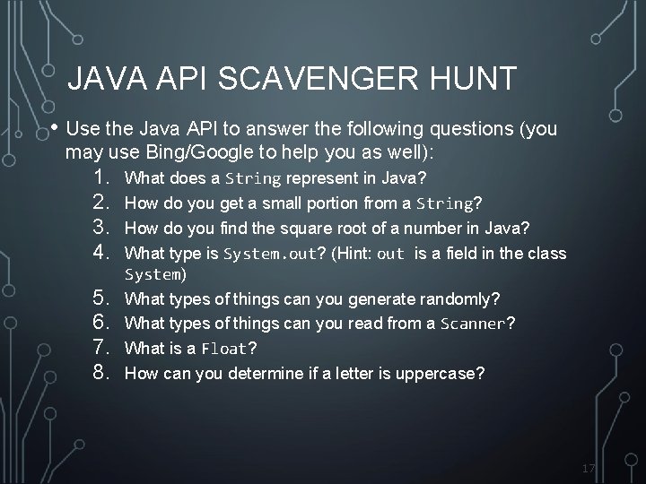JAVA API SCAVENGER HUNT • Use the Java API to answer the following questions
