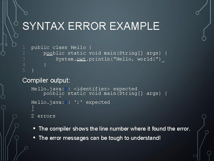 SYNTAX ERROR EXAMPLE 1 2 3 4 5 public class Hello { pooblic static