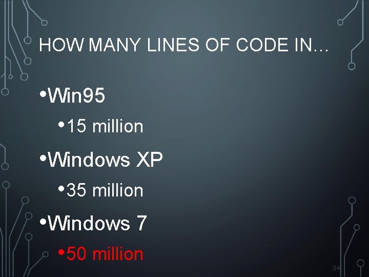 HOW MANY LINES OF CODE IN… • Win 95 • 15 million • Windows