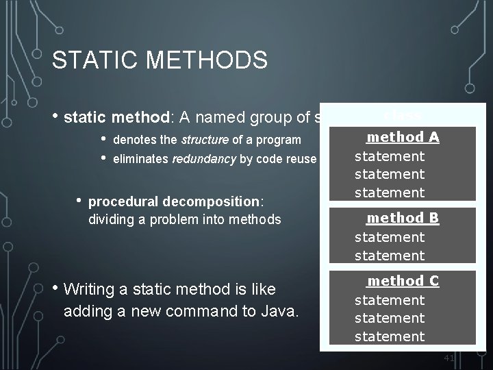 STATIC METHODS class • static method: A named group of statements. • • •