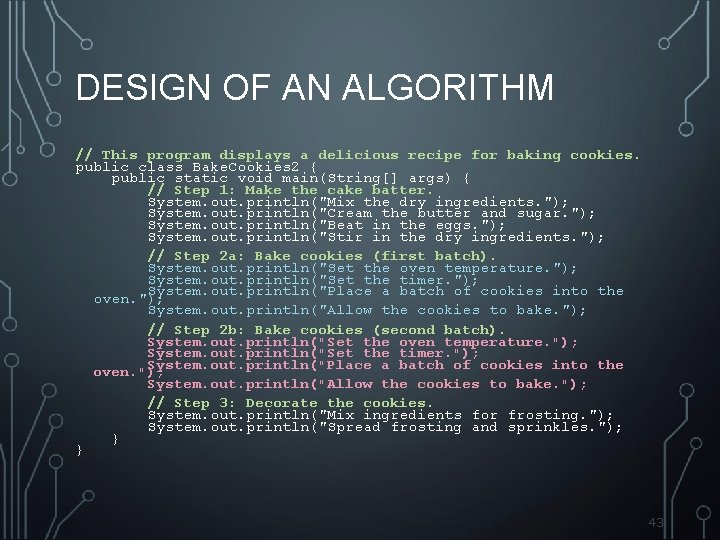 DESIGN OF AN ALGORITHM // This program displays a delicious recipe for baking cookies.
