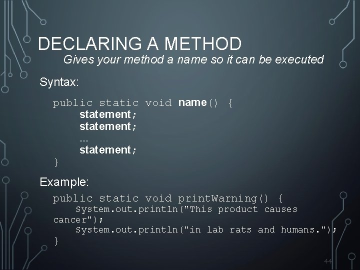 DECLARING A METHOD Gives your method a name so it can be executed Syntax: