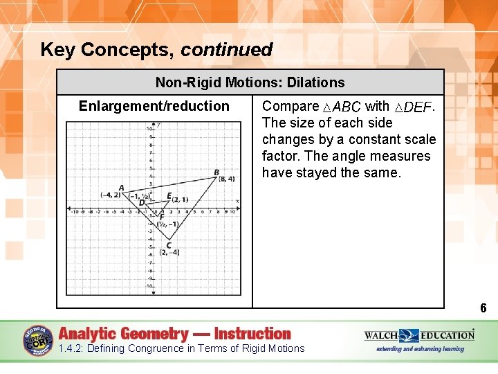 Key Concepts, continued Non-Rigid Motions: Dilations Enlargement/reduction Compare with. The size of each side