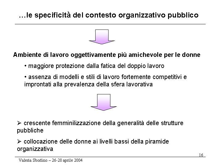 …le specificità del contesto organizzativo pubblico Ambiente di lavoro oggettivamente più amichevole per le