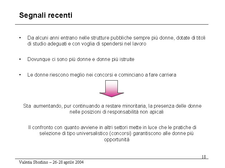 Segnali recenti • Da alcuni anni entrano nelle strutture pubbliche sempre più donne, dotate