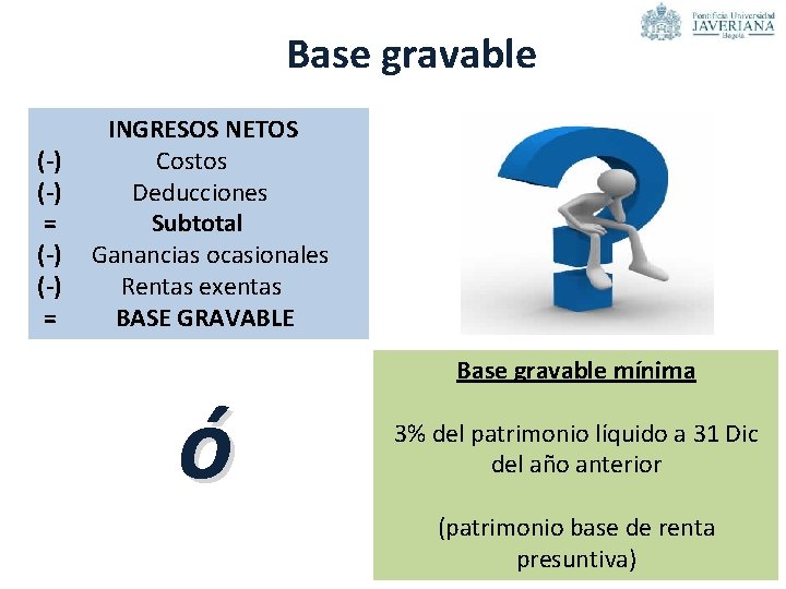 Base gravable INGRESOS NETOS (-) Costos (-) Deducciones = Subtotal (-) Ganancias ocasionales (-)