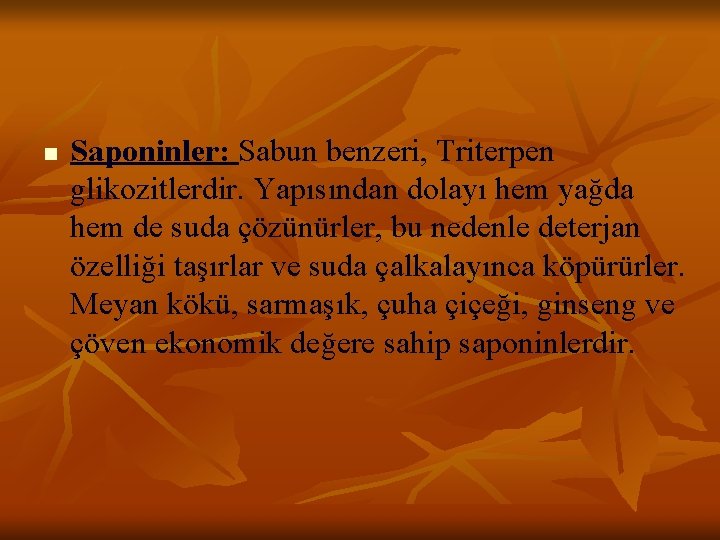 n Saponinler: Sabun benzeri, Triterpen glikozitlerdir. Yapısından dolayı hem yağda hem de suda çözünürler,