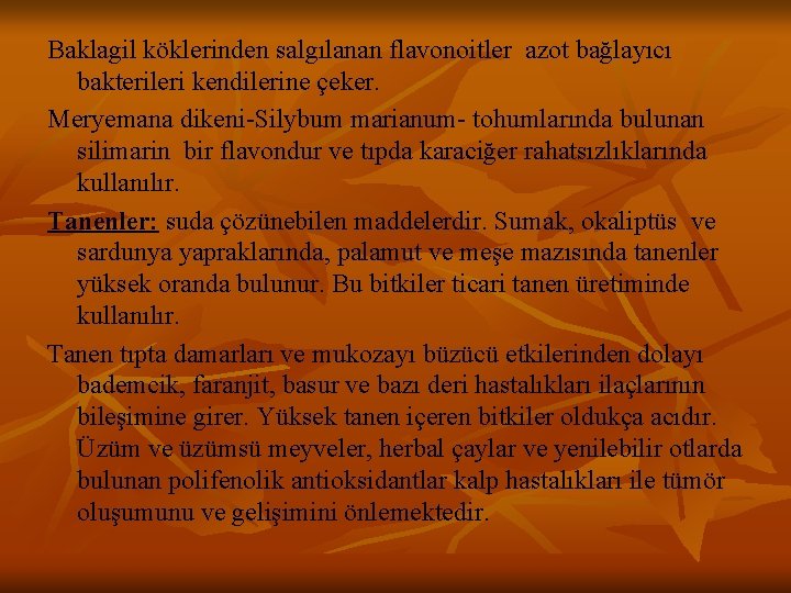 Baklagil köklerinden salgılanan flavonoitler azot bağlayıcı bakterileri kendilerine çeker. Meryemana dikeni-Silybum marianum- tohumlarında bulunan