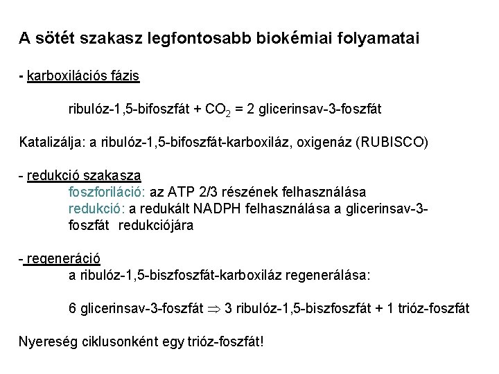 A sötét szakasz legfontosabb biokémiai folyamatai - karboxilációs fázis ribulóz-1, 5 -bifoszfát + CO