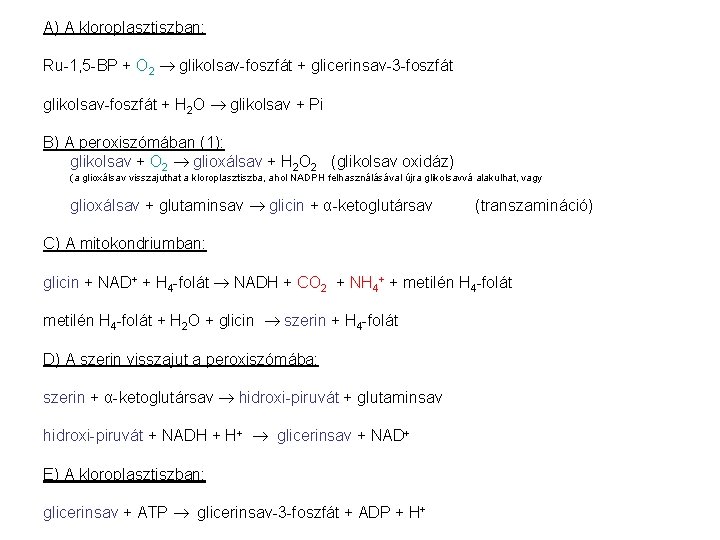 A) A kloroplasztiszban: Ru-1, 5 -BP + O 2 glikolsav-foszfát + glicerinsav-3 -foszfát glikolsav-foszfát