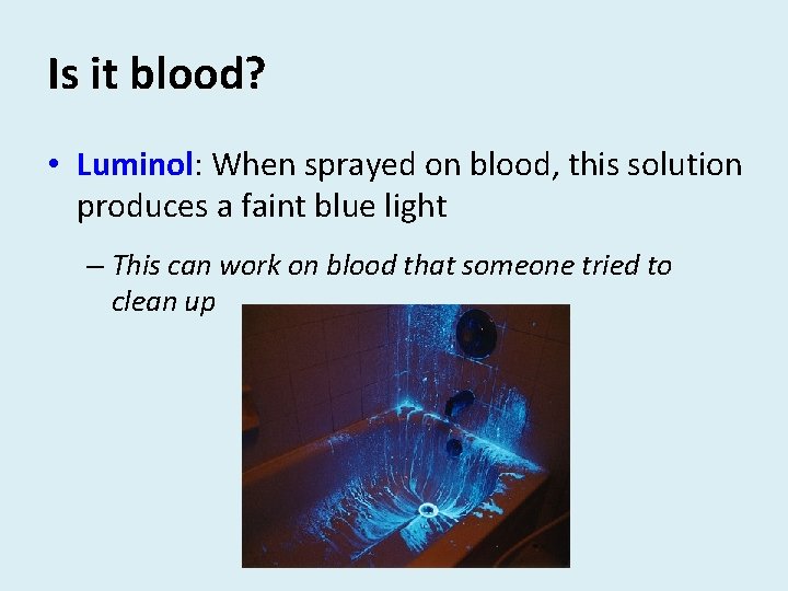 Is it blood? • Luminol: Luminol When sprayed on blood, this solution produces a