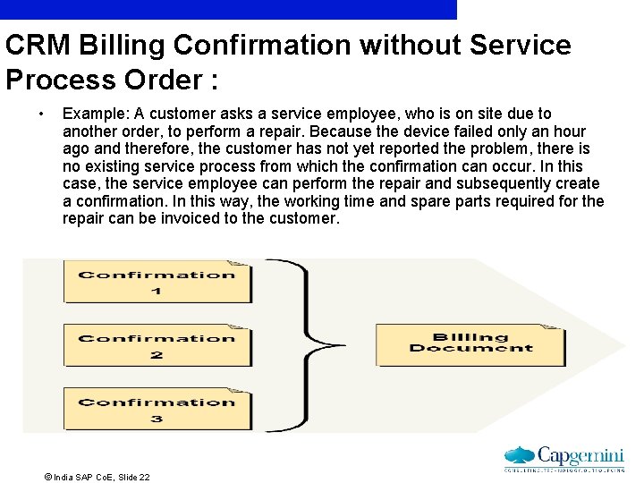 CRM Billing Confirmation without Service Process Order : • Example: A customer asks a