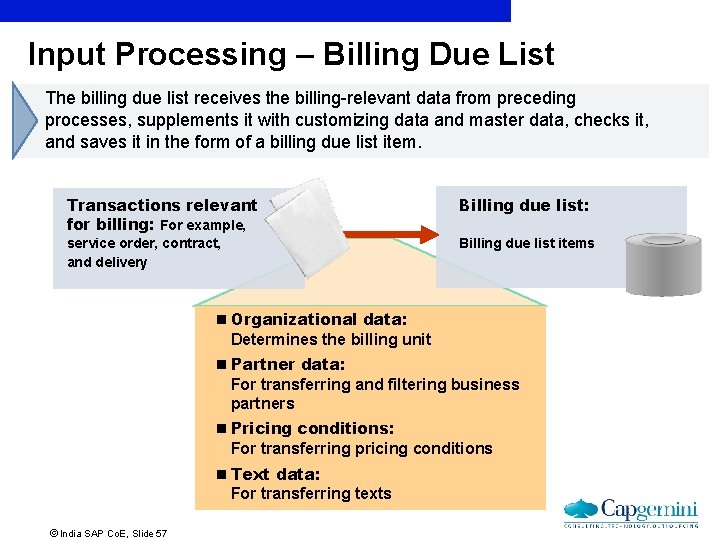 Input Processing – Billing Due List The billing due list receives the billing-relevant data