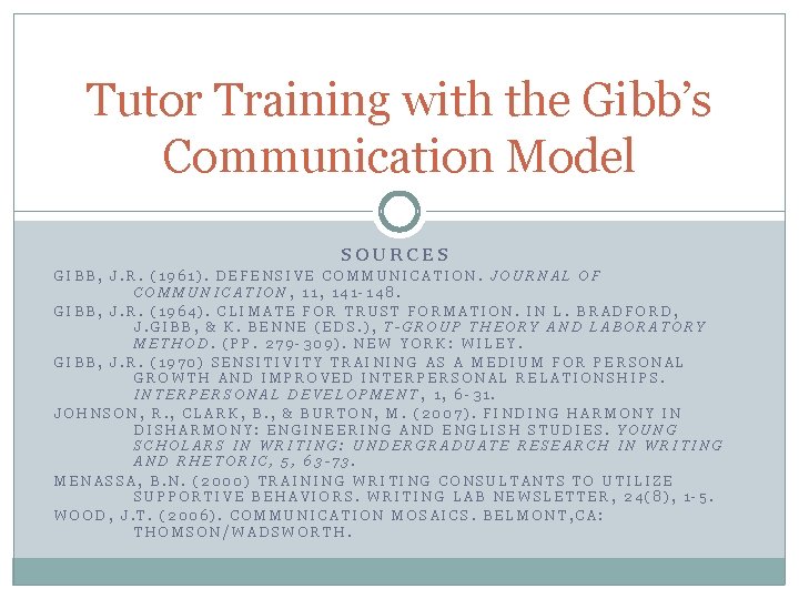 Tutor Training with the Gibb’s Communication Model SOURCES GIBB, J. R. (1961). DEFENSIVE COMMUNICATION.