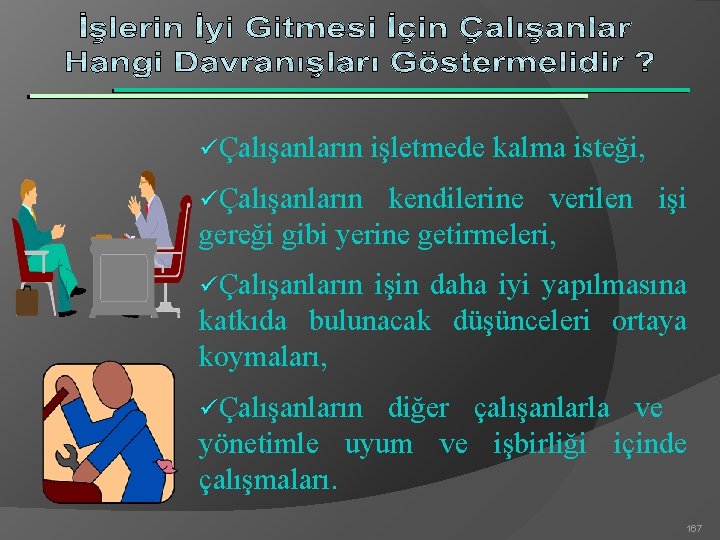 üÇalışanların işletmede kalma isteği, üÇalışanların kendilerine verilen işi gereği gibi yerine getirmeleri, üÇalışanların işin