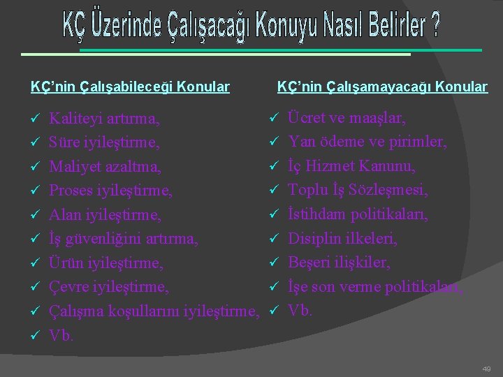 KÇ’nin Çalışabileceği Konular ü ü ü ü ü Kaliteyi artırma, Süre iyileştirme, Maliyet azaltma,