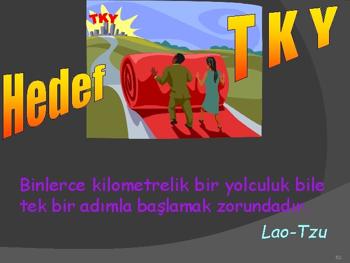 Binlerce kilometrelik bir yolculuk bile tek bir adımla başlamak zorundadır. Lao-Tzu 62 