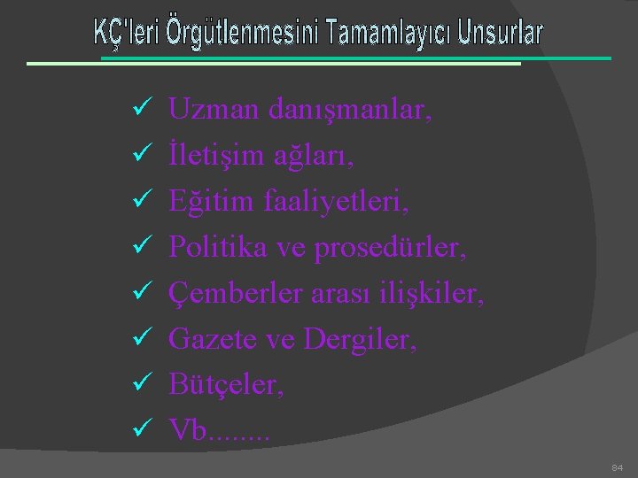 ü Uzman danışmanlar, ü İletişim ağları, ü Eğitim faaliyetleri, ü Politika ve prosedürler, ü