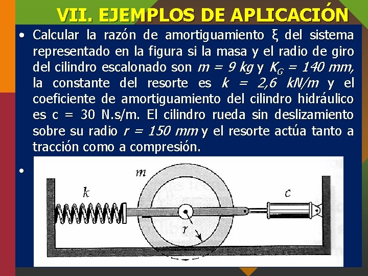 VII. EJEMPLOS DE APLICACIÓN • Calcular la razón de amortiguamiento ξ del sistema representado