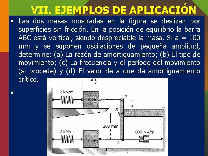 VII. EJEMPLOS DE APLICACIÓN • Las dos masas mostradas en la figura se deslizan