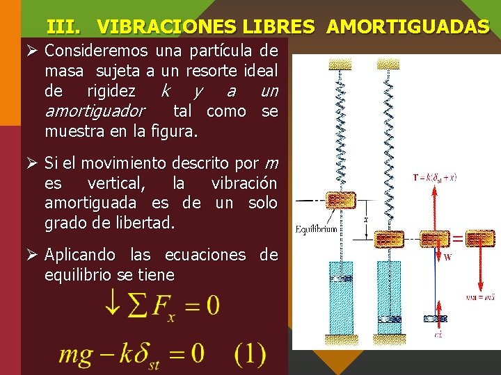 III. VIBRACIONES LIBRES AMORTIGUADAS Ø Consideremos una partícula de masa sujeta a un resorte