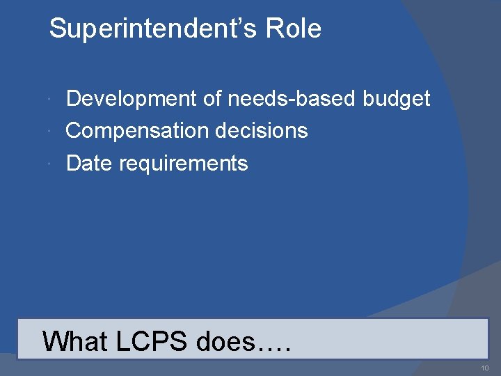 Superintendent’s Role Development of needs-based budget Compensation decisions Date requirements What LCPS does…. 10