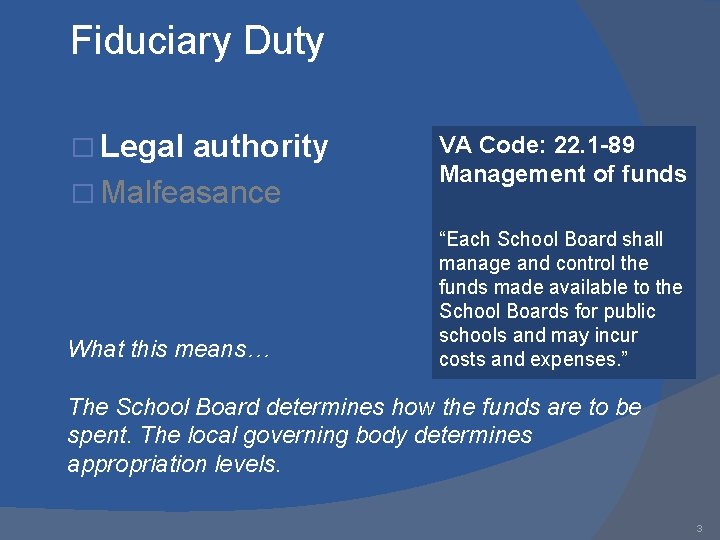 Fiduciary Duty � Legal authority � Malfeasance What this means… VA Code: 22. 1