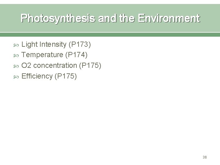 Photosynthesis and the Environment Light Intensity (P 173) Temperature (P 174) O 2 concentration