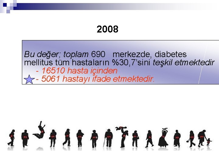 2008 Bu değer; toplam 690 merkezde, diabetes mellitus tüm hastaların %30, 7’sini teşkil etmektedir