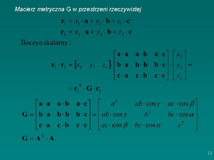 Macierz metryczna G w przestrzeni rzeczywistej 12 