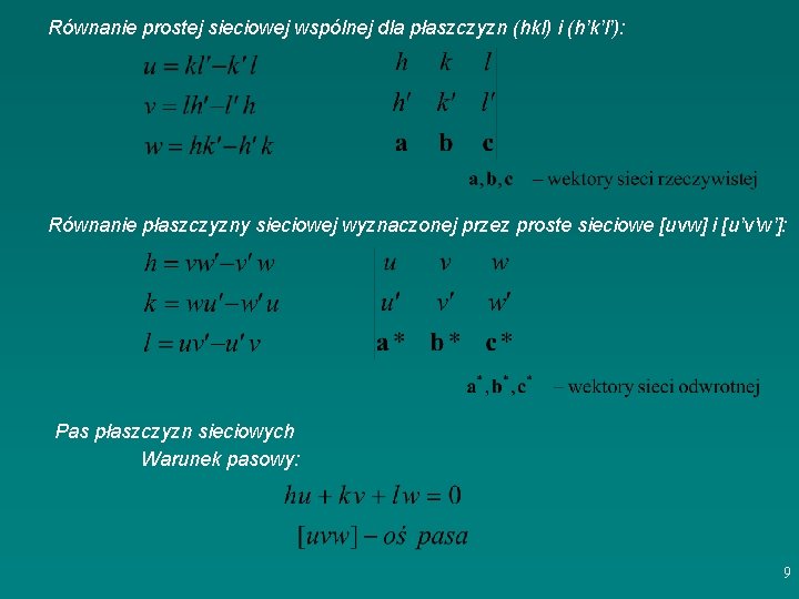 Równanie prostej sieciowej wspólnej dla płaszczyzn (hkl) i (h’k’l’): Równanie płaszczyzny sieciowej wyznaczonej przez