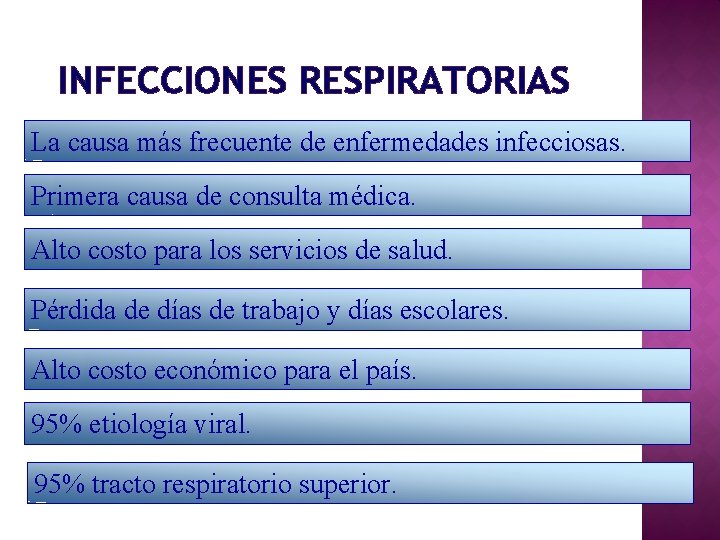 INFECCIONES RESPIRATORIAS La causa más frecuente de enfermedades infecciosas. Primera causa de consulta médica.