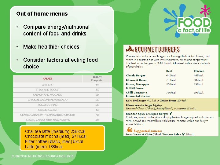Out of home menus • Compare energy/nutritional content of food and drinks • Make
