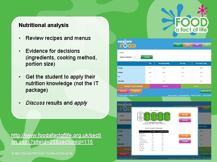 Nutritional analysis • Review recipes and menus • Evidence for decisions (ingredients, cooking method,