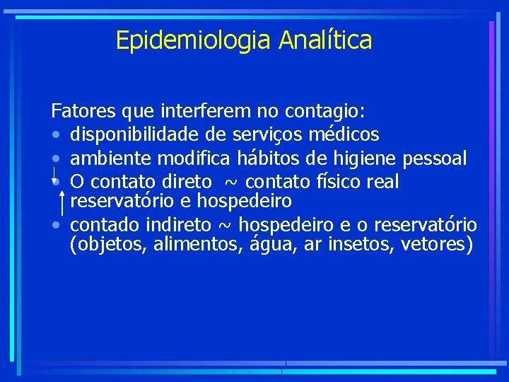 Epidemiologia Analítica Fatores que interferem no contagio: • disponibilidade de serviços médicos • ambiente