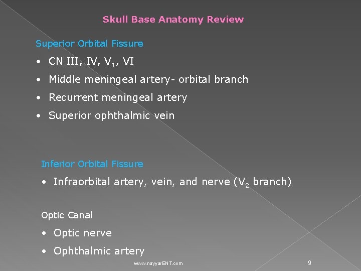 Skull Base Anatomy Review Superior Orbital Fissure • CN III, IV, V 1, VI